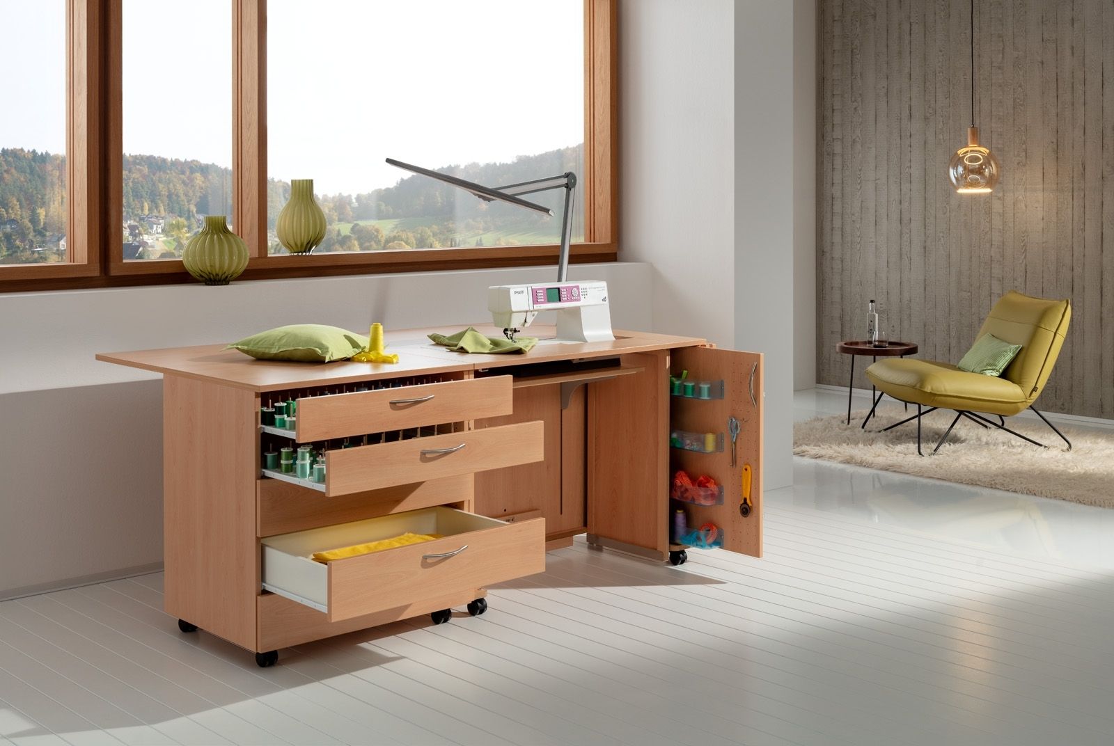 A well-lit room with complete set of sewing materials and furniture